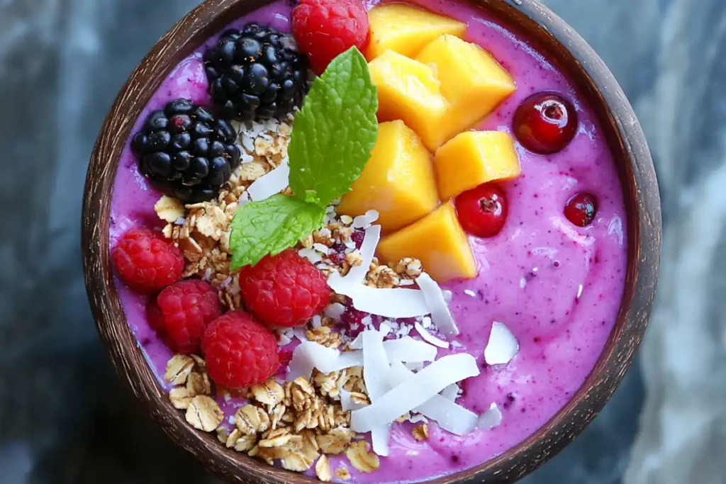 Mango smoothie bowl with toppings