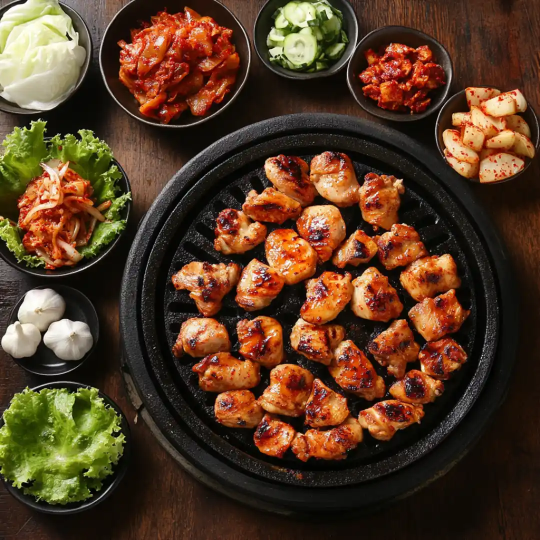 Korean barbecue chicken grilling over flame with Korean side dishes
