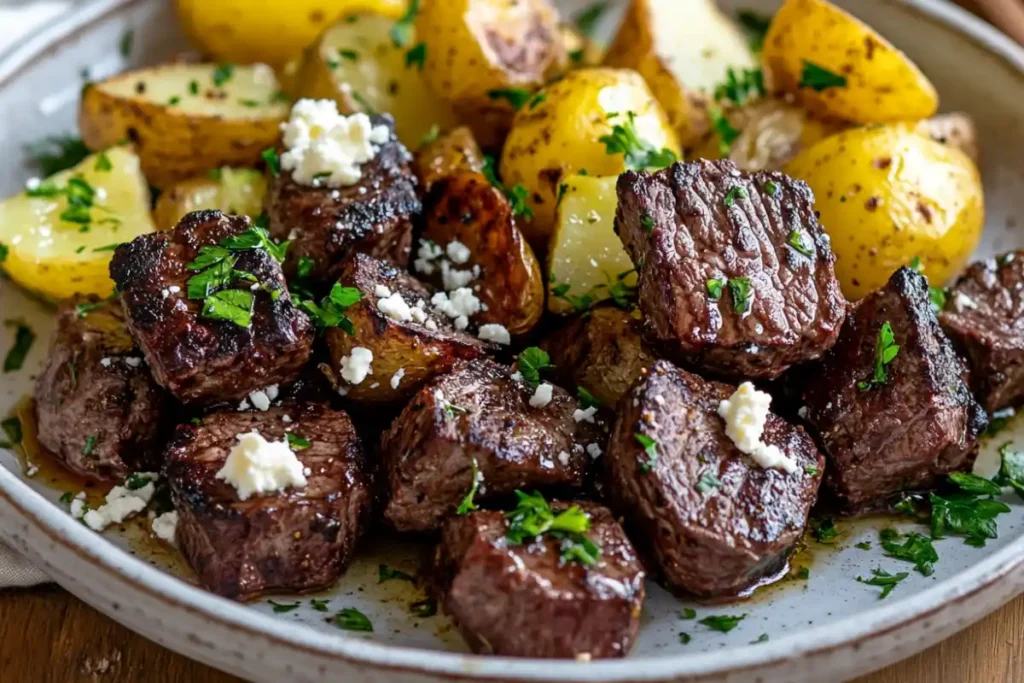 Mediterranean style steak and potatoes with feta and lemon