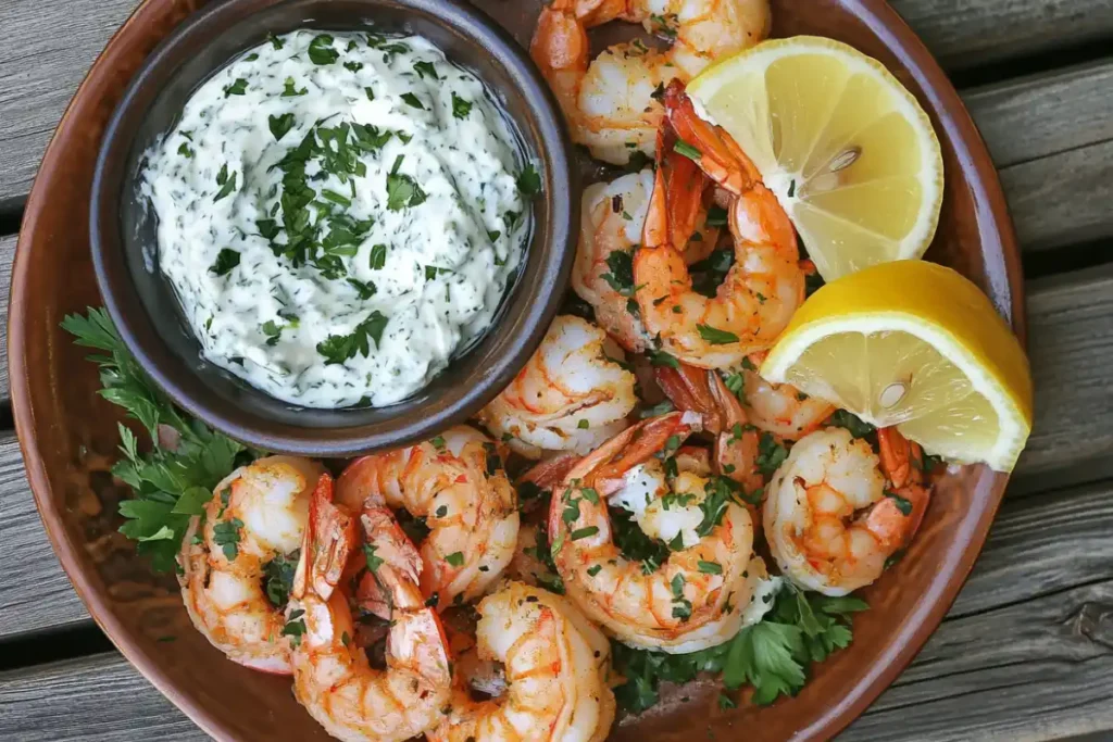 Shrimp with tzatziki sauce and herbs on a Mediterranean plate