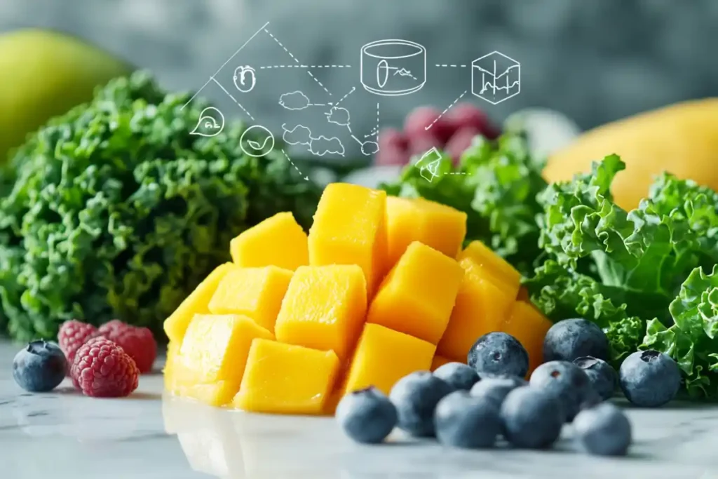 Mango chunks, berries, and kale with nutrient icons
