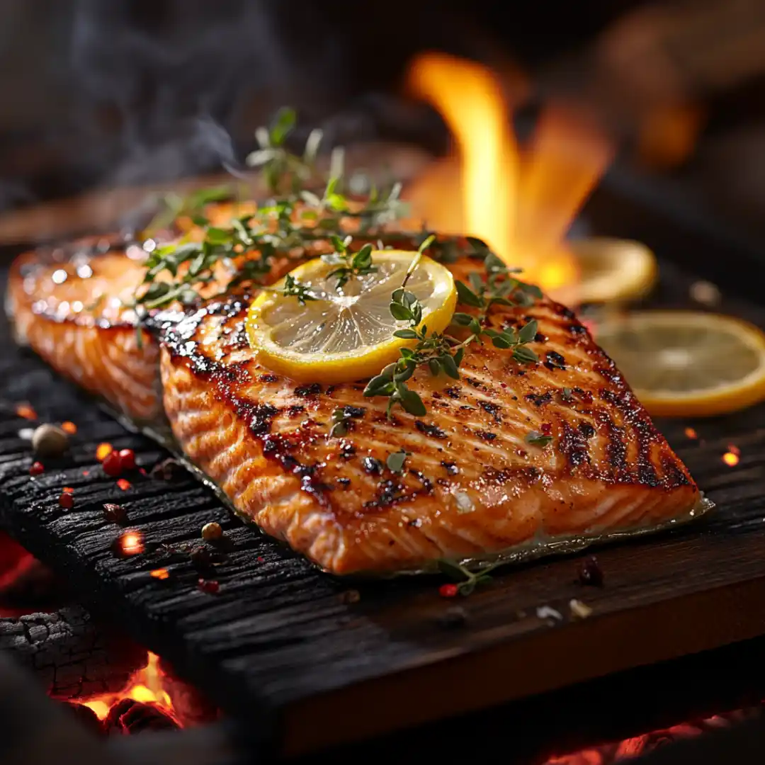 Grilled salmon fillet on cedar plank over charcoal