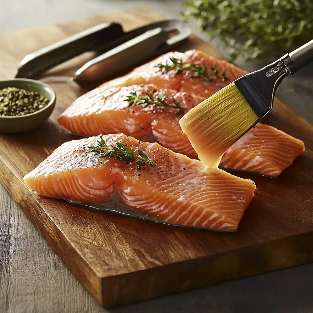 Brushing oil on fresh salmon fillets before grilling