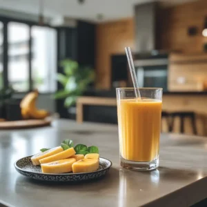 Tropical mango smoothie in a glass with fresh fruit