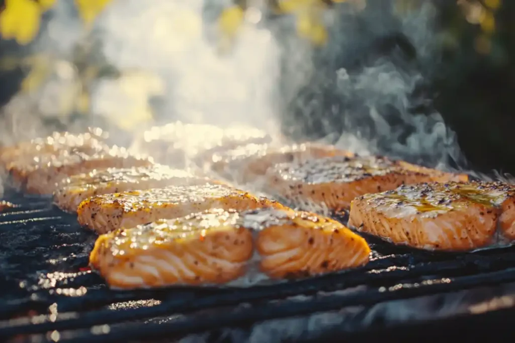Salmon fillet sizzling on grill grates