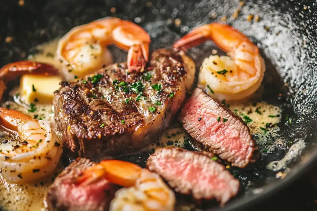 Steak and shrimp cooking in a skillet