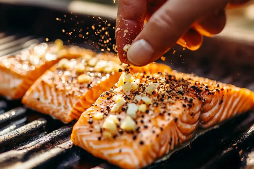 Hand seasoning salmon fillet with lemon and pepper