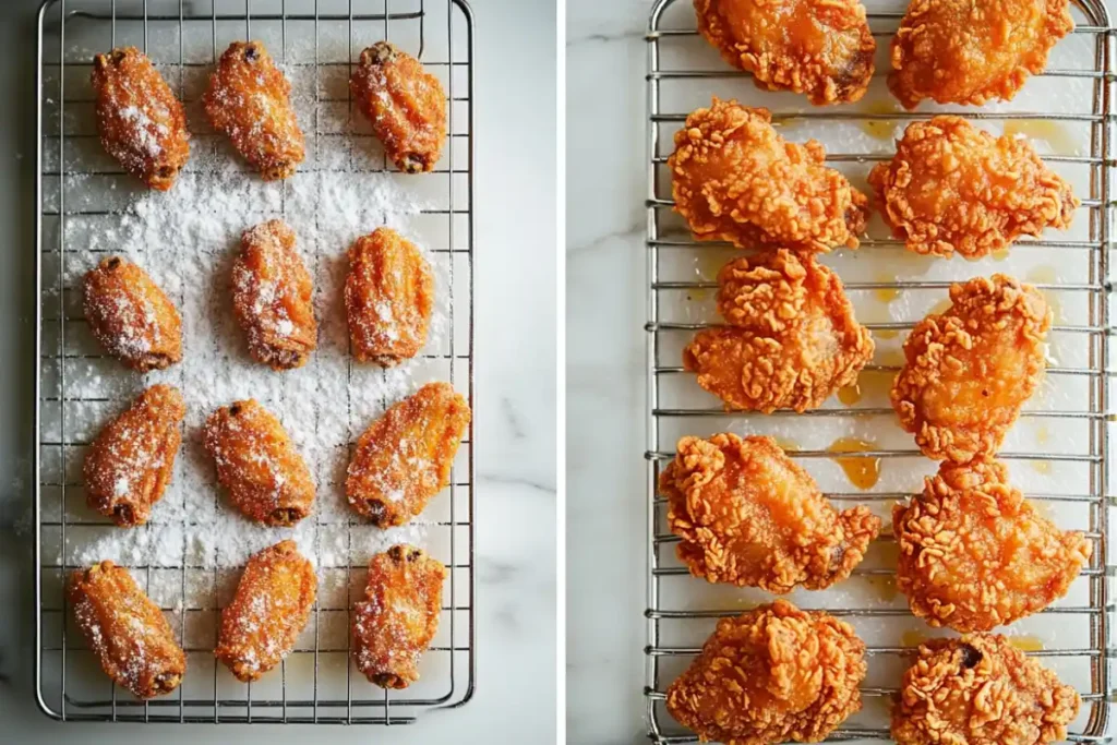 Korean fried chicken before and after frying