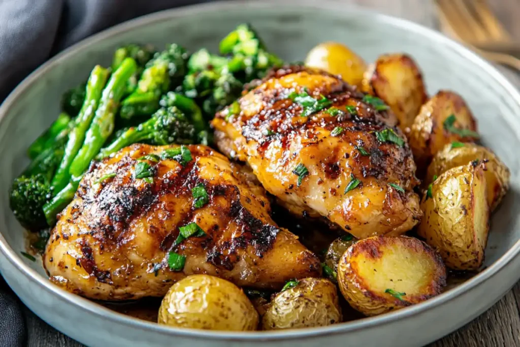 Garlic butter potatoes served with grilled chicken