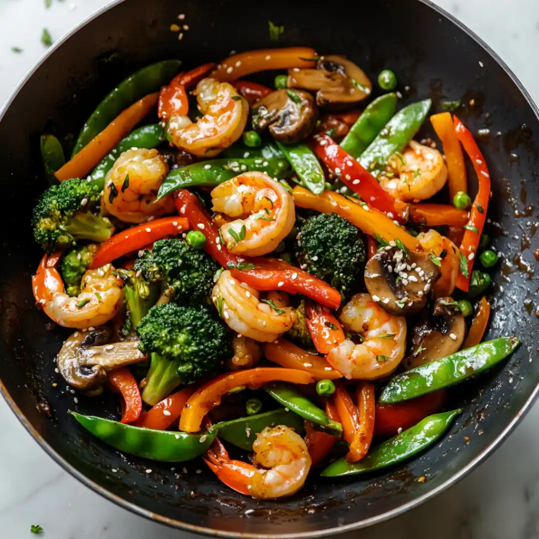 Shrimp stir fry with vegetables in a hot wok