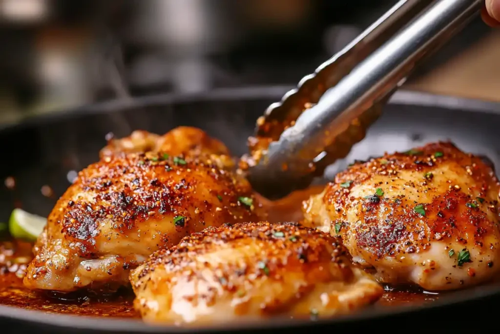 Seared chicken thighs cooking in skillet