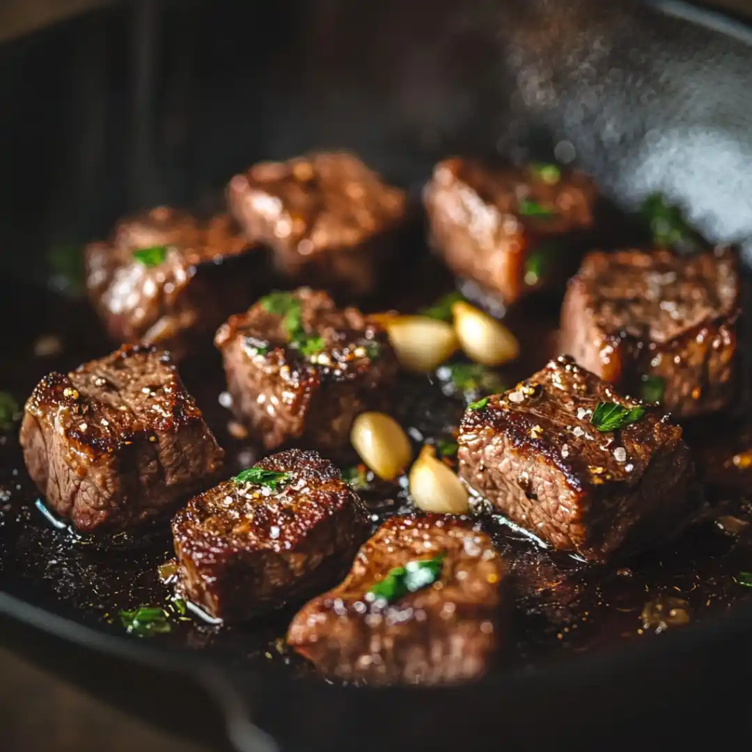 Juicy steak bites cooking in a hot skillet