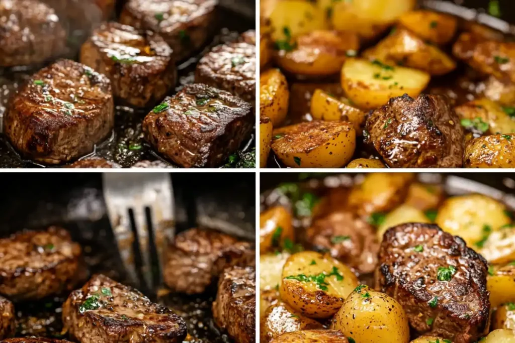Cooking process for garlic butter steak bites and potatoes