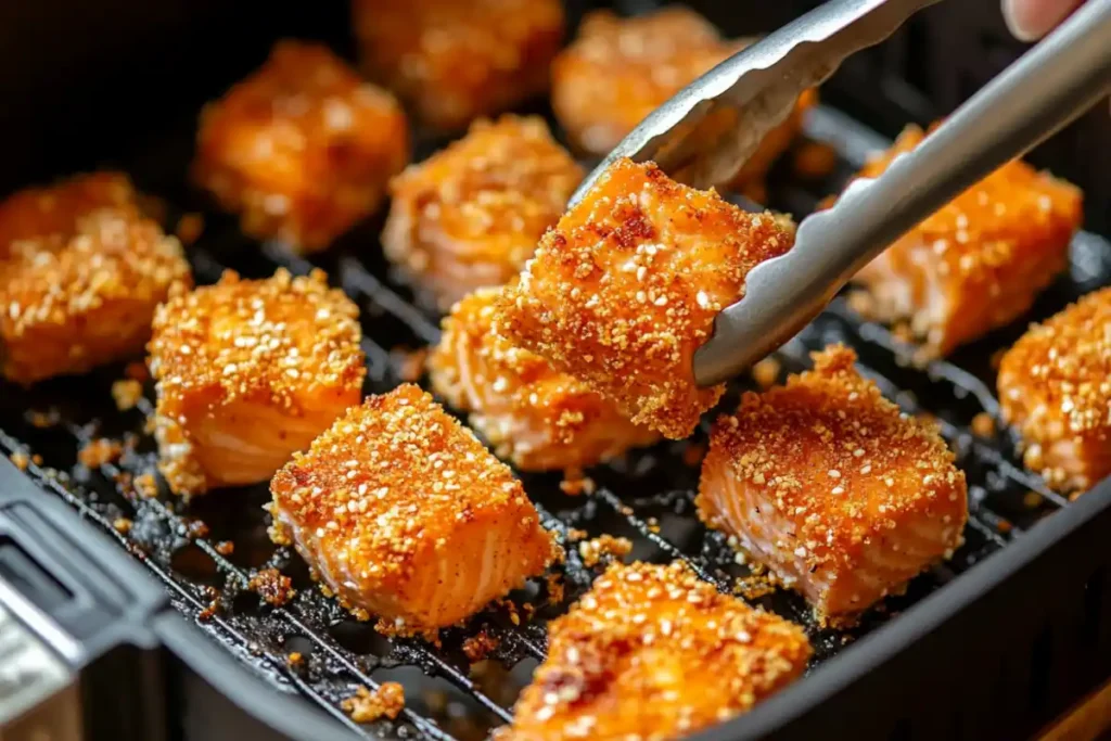 Air fryer salmon bites being cooked with tongs