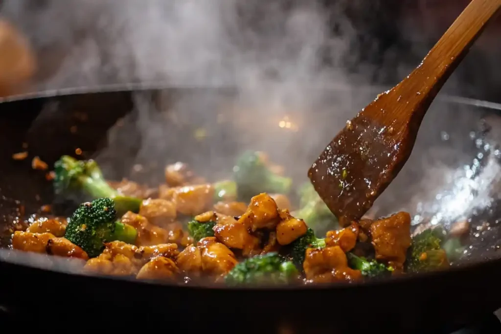 Stir frying chicken and broccoli with sauce