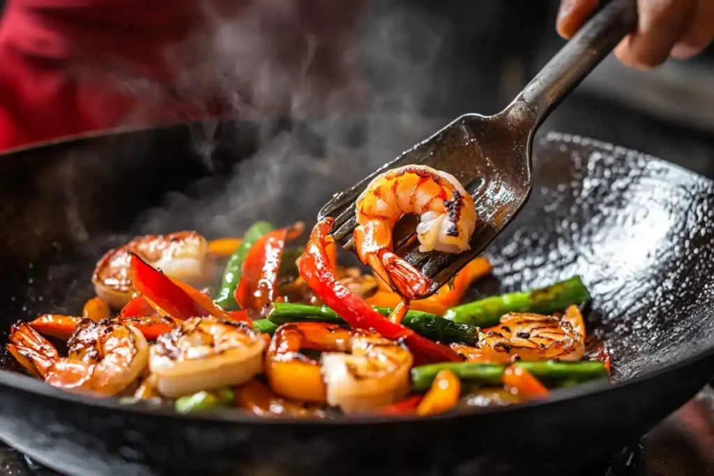 Shrimp and vegetables being stir fried in a skillet