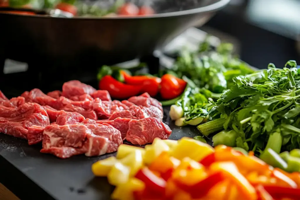 Prepped vegetables and meat beside a wok