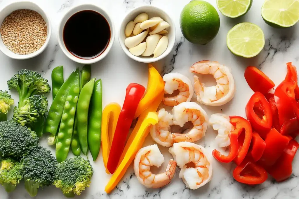 Fresh shrimp and stir fry ingredients on a marmer countertop