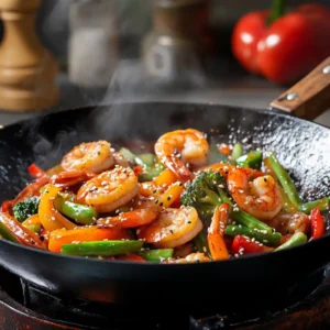 Shrimp stir fry cooking in a hot wok