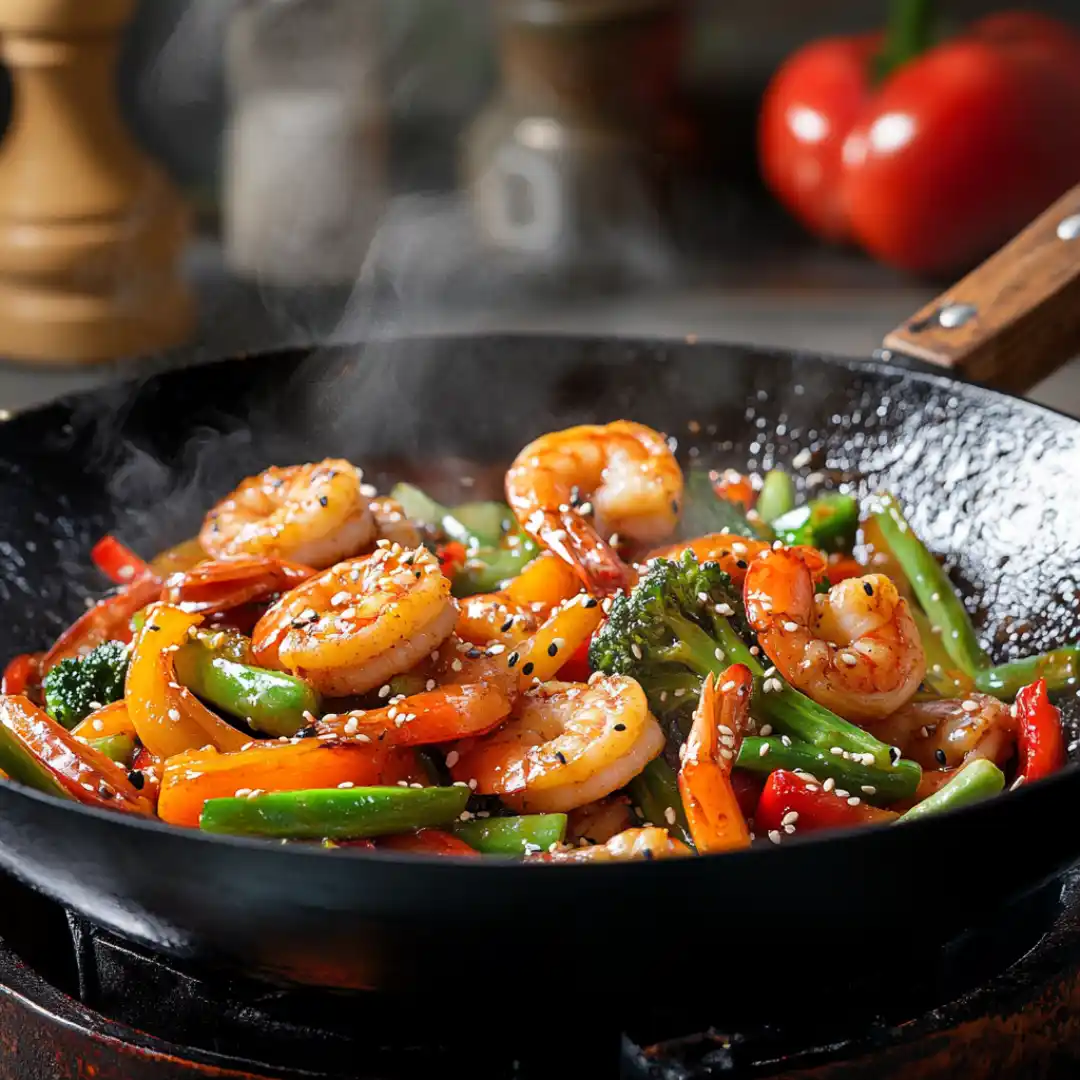 Shrimp stir fry cooking in a hot wok