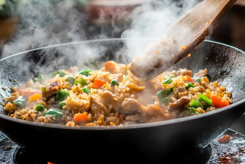 Stir frying chicken fried rice in wok