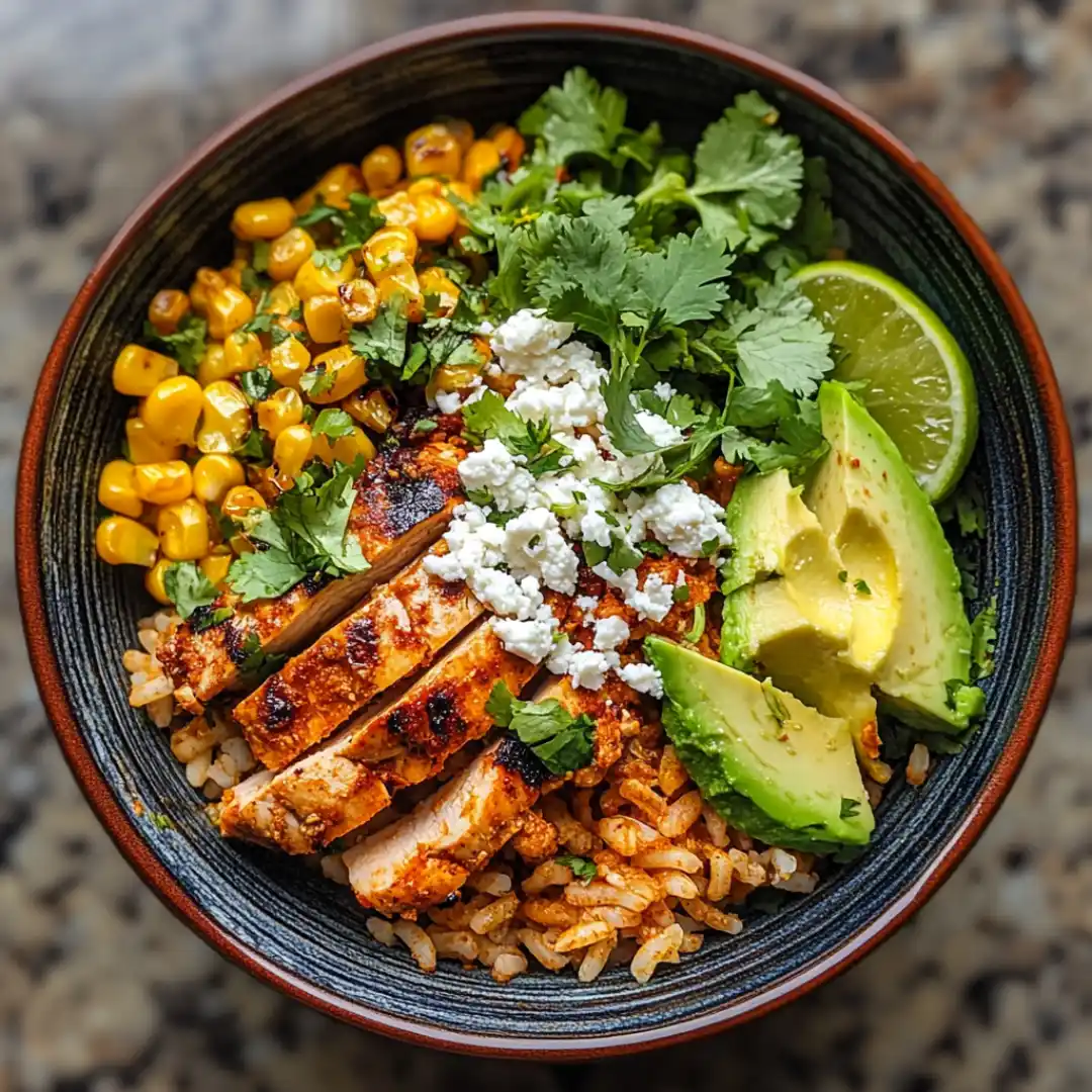 Street Corn Chicken Rice Bowl with toppings
