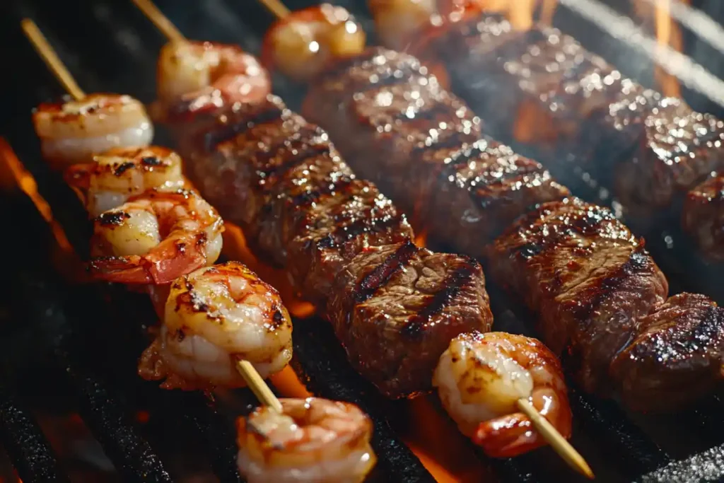 Skewers of grilled steak and shrimp on BBQ