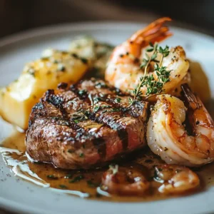 Grilled steak and shrimp surf and turf plate