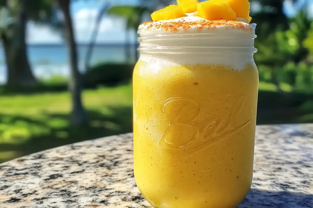 Mango banana pineapple smoothie in glass