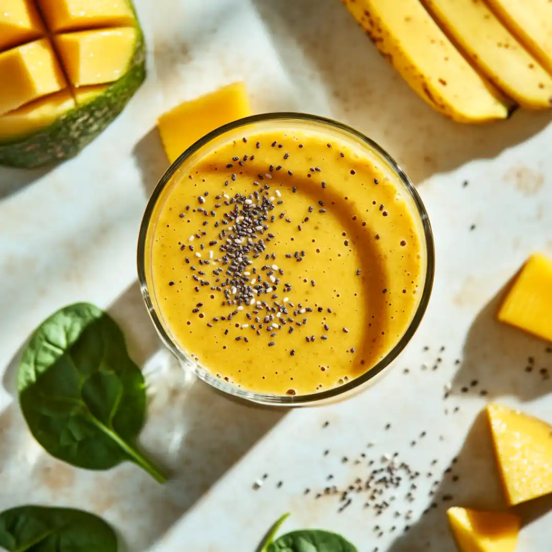 Fresh mango smoothie with fruit ingredients on wooden table
