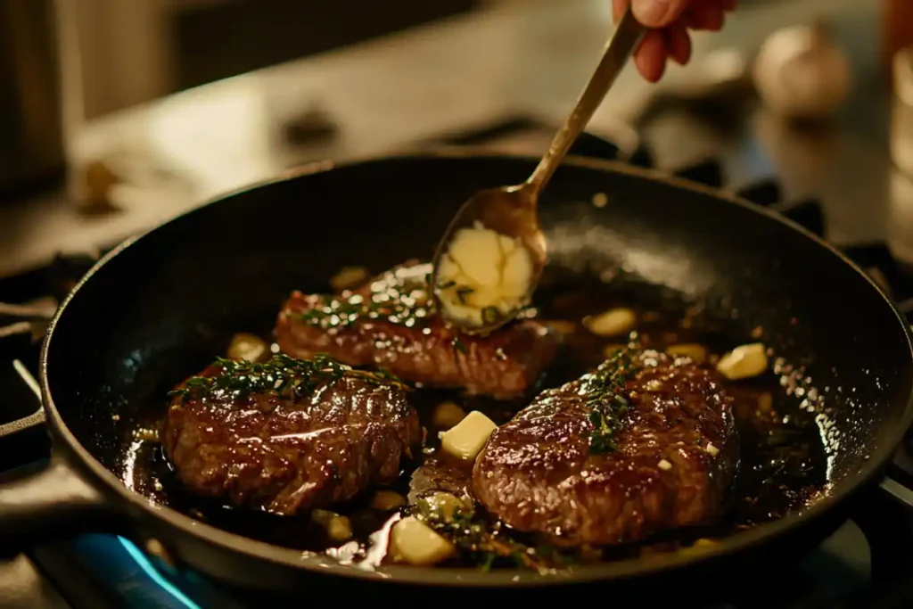 Home chef butter basting steak in a pan