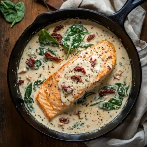 Creamy Tuscan salmon in a skillet with sun dried tomatoes and spinach