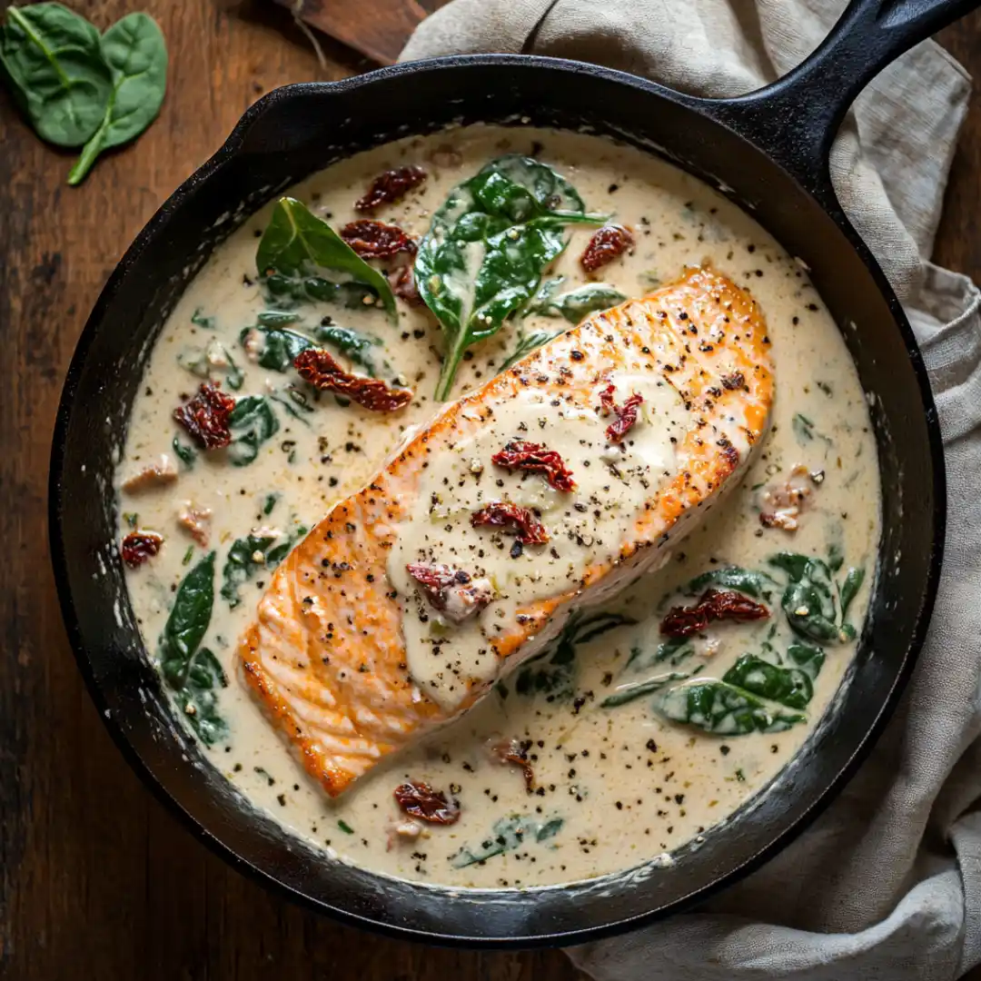 Creamy Tuscan salmon in a skillet with sun dried tomatoes and spinach
