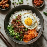 Korean Ground Beef Bowl with rice and toppings