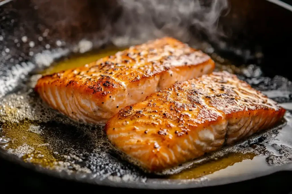 Salmon searing in skillet with golden crust