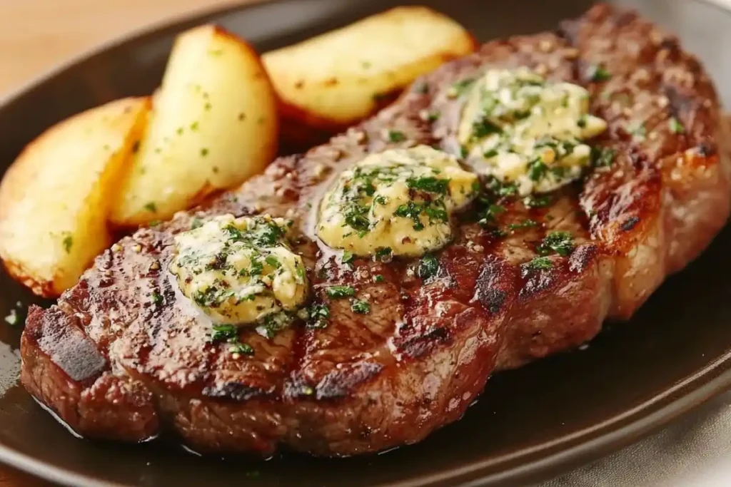 Grilled steak topped with melting compound butter